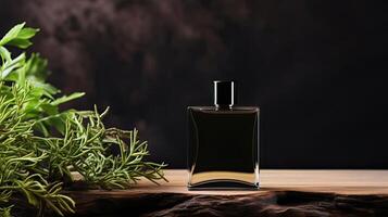 AI generated perfume bottle on wooden table with plant background for mockup design, AI Generated photo