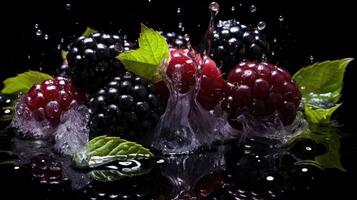 AI generated fresh blackberry and redberry splashed with water on black background and blur, AI Generated photo