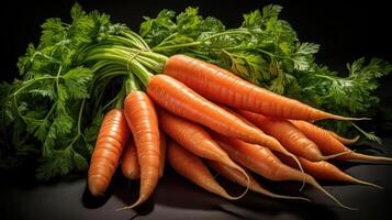 AI generated bunch of fresh carrots on a wooden table on a black background, AI Generated photo