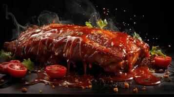 AI generated smoky barbeque ribs with barbeque sauce and chopped vegetables on a wooden table, AI Generated photo