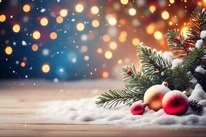 AI generated Christmas Holiday background with snow, fir tree and decorations with christmas light behind photo