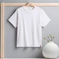 AI generated Studio background with blank black and white T-shirt mock up. photo