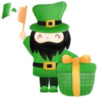 Happy St. Patrick's Day, Leprechaun holding flag and gift box png