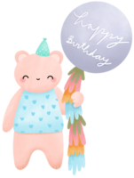 Happy bear holding big purple balloon for Birthday party png