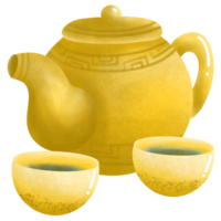 Herbal tea with two tea cups and gold teapot png