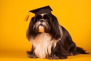 AI generated Graduate puppy dog on yellow background. Neural network AI generated photo