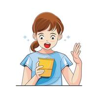 Eat noodles. Little girl holding a cup celebrating a victory. Vector illustration