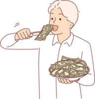 Greedy man eats money from plate, symbolizing greed and ambition for wealth or big salary. Greedy guy in white shirt strives to become financially successful millionaire or billionaire png
