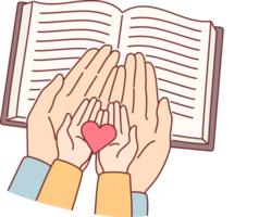 Hands of child and mother over bible with christian prayers, as metaphor for religious education for children. Caring parent reads bible with son and holds heart symbolizing kindness. png
