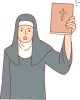 Frau Nonne von Kirche zeigt an heilig Bibel im Schock und schwört weil von Verstöße von Regeln von Verhalten im Christian Tempel. böse katholisch Nonne Anrufe zu vermeiden begehen sterblich Sünden oder zu bereuen png