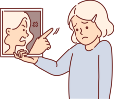 Sad little girl holding mirror with swearing reflection, for concept of low self-esteem and mental problems. Upset child needs psychological help due to low self-esteem negatively affecting mood png