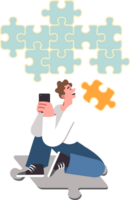 Teenager guy with phone playing application with logic game, putting puzzle cubes together, sitting on floor. Concept of using mobile application with task manager to plan your own time png