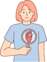 Frau mit Herz unter Vergrößerung Glas Anrufe zum Beachtung zu Gesundheit von kardiovaskulär System. Mädchen mit kardiovaskulär Krankheit erinnert von Bedeutung von Verhütung und rechtzeitig Behandlung png