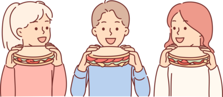 pequeño niños comer sándwiches, satisfactorio hambre con delicioso bocadillo compró a rápido comida restaurante. apetito emparedados en manos de Niños y muchachas teniendo almuerzo en colegio cantina. png