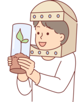 Astronaut boy holds tree in test tube and dreams of growing plants flying into space. Child playing astronaut and cosmic traveler, for concept of searching for vegetation outside of planet earth png