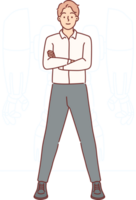 Businessman with robot exoskeleton stands with arms crossed and proud synergy with modern technology. Confident company manager with cyborg exoskeleton, for concept robotization business processes png