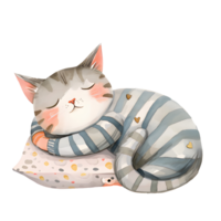 ai gegenereerd een charmant waterverf illustratie met een knus kat versierd in pyjama, vredig gekruld omhoog voor een dutje, creëren een hartverwarmend en knus tafereel. png