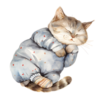 ai généré une charmant aquarelle illustration avec une confortable chat orné dans pyjamas, pacifiquement recourbé en haut pour une sieste, création une réconfortant et confortable scène. png