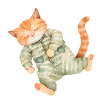 AI generated A charming watercolor illustration featuring a snug cat adorned in pajamas, peacefully curled up for a nap, creating a heartwarming and cozy scene. png