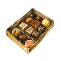 ai gerado uma luxuoso dia dos namorados chocolate caixa preenchidas com rico, sortido guloseimas, adornado com elegante fitas e corações, oferta indulgência e Doçura para uma romântico celebração. png