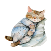 ai generiert ein charmant Aquarell Illustration mit ein gemütlich Katze geschmückt im Pyjama, friedlich zusammengerollt oben zum ein Nickerchen, Erstellen ein herzerwärmend und gemütlich Szene. png