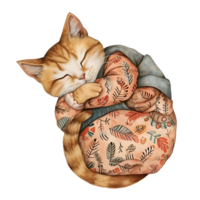 ai genererad en charmig vattenfärg illustration terar en ombonad katt Utsmyckad i pyjamas, lugnt ringlad upp för en tupplur, skapande en hjärtvärmande och mysigt scen. png