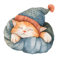 AI generated A charming watercolor illustration featuring a snug cat adorned in pajamas, peacefully curled up for a nap, creating a heartwarming and cozy scene. png