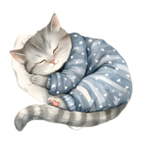 ai généré une charmant aquarelle illustration avec une confortable chat orné dans pyjamas, pacifiquement recourbé en haut pour une sieste, création une réconfortant et confortable scène. png