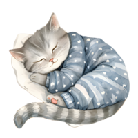 ai generado un encantador acuarela ilustración presentando un ajustado gato adornado en pijama, pacíficamente rizado arriba para un siesta, creando un reconfortante y acogedor escena. png