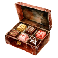 AI generated A lavish Valentine's chocolate box filled with rich, assorted treats, adorned with elegant ribbons and hearts, offering indulgence and sweetness for a romantic celebration. png