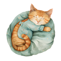 ai gegenereerd een charmant waterverf illustratie met een knus kat versierd in pyjama, vredig gekruld omhoog voor een dutje, creëren een hartverwarmend en knus tafereel. png