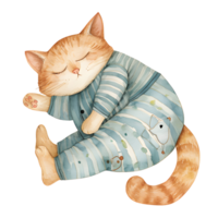 AI generated A charming watercolor illustration featuring a snug cat adorned in pajamas, peacefully curled up for a nap, creating a heartwarming and cozy scene. png