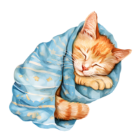 ai generado un encantador acuarela ilustración presentando un ajustado gato adornado en pijama, pacíficamente rizado arriba para un siesta, creando un reconfortante y acogedor escena. png