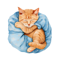 ai généré une charmant aquarelle illustration avec une confortable chat orné dans pyjamas, pacifiquement recourbé en haut pour une sieste, création une réconfortant et confortable scène. png