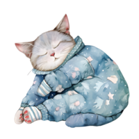 ai generado un encantador acuarela ilustración presentando un ajustado gato adornado en pijama, pacíficamente rizado arriba para un siesta, creando un reconfortante y acogedor escena. png