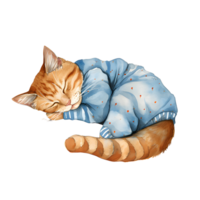 ai gerado uma encantador aguarela ilustração apresentando uma confortável gato adornado dentro pijamas, pacificamente enrolado acima para uma sesta, criando uma comovente e acolhedor cena. png