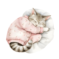 ai généré une charmant aquarelle illustration avec une confortable chat orné dans pyjamas, pacifiquement recourbé en haut pour une sieste, création une réconfortant et confortable scène. png