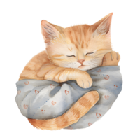 AI generated A charming watercolor illustration featuring a snug cat adorned in pajamas, peacefully curled up for a nap, creating a heartwarming and cozy scene. png