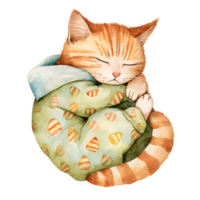 ai generado un encantador acuarela ilustración presentando un ajustado gato adornado en pijama, pacíficamente rizado arriba para un siesta, creando un reconfortante y acogedor escena. png