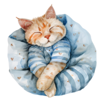 ai généré une charmant aquarelle illustration avec une confortable chat orné dans pyjamas, pacifiquement recourbé en haut pour une sieste, création une réconfortant et confortable scène. png