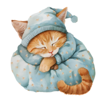 ai gerado uma encantador aguarela ilustração apresentando uma confortável gato adornado dentro pijamas, pacificamente enrolado acima para uma sesta, criando uma comovente e acolhedor cena. png