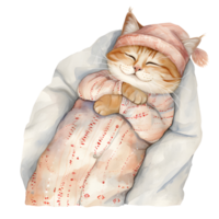 AI generated A charming watercolor illustration featuring a snug cat adorned in pajamas, peacefully curled up for a nap, creating a heartwarming and cozy scene. png