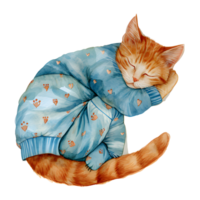 ai generiert ein charmant Aquarell Illustration mit ein gemütlich Katze geschmückt im Pyjama, friedlich zusammengerollt oben zum ein Nickerchen, Erstellen ein herzerwärmend und gemütlich Szene. png