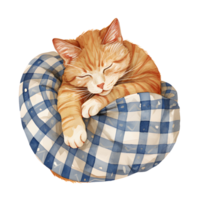 ai généré une charmant aquarelle illustration avec une confortable chat orné dans pyjamas, pacifiquement recourbé en haut pour une sieste, création une réconfortant et confortable scène. png