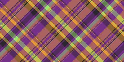Strip check pattern textile, school texture tartan seamless. Abstract plaid vector background fabric in purple and orange colors.