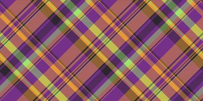 Strip check pattern textile, school texture tartan seamless. Abstract plaid vector background fabric in purple and orange colors.