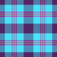 Female plaid check fabric, native textile vector tartan. Vivid pattern texture background seamless in cyan and purple colors.