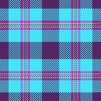 Female plaid check fabric, native textile vector tartan. Vivid pattern texture background seamless in cyan and purple colors.