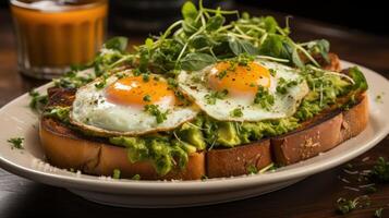 AI generated Savory avocado toast topped with two perfectly fried eggs, fresh microgreens, and a sprinkle of seasoning on a white plate, paired with orange juice photo