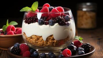 AI generated A delectable parfait with layers of crunchy granola, creamy yogurt, and fresh berries, garnished with mint on a wooden table photo